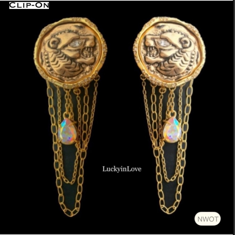ALEXIS BITTAR• NEW Gold Chain Lion Modern Antiquities Crystal Clip On Earrings